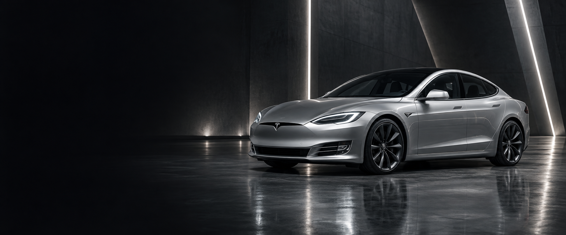 Silver Tesla Model S in an architectural studio